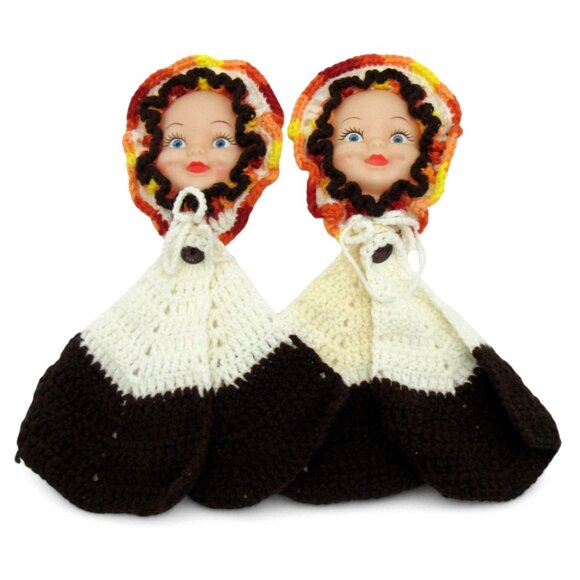 DOLL FACE Pot Holders Crochet Set of 2 Handmade Knitted 1970s Vintage - Picture 4 of 10